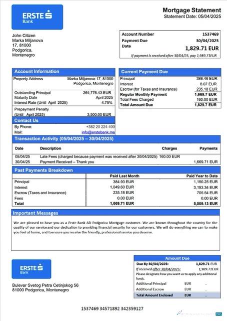 Download Montenegro Erste Bank AD Podgorica mortgage statement Word and PDF template Photoshop template